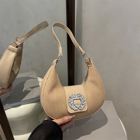 Women PU Leather Pleated Shoulder Bag With Rhinestone Square Buckle Luxury Crescent Hobo Underarm Bag Elegant Solid Tote