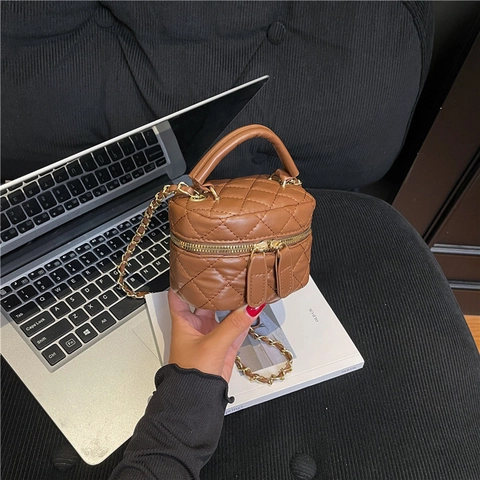 Gesteppte PU Leder Box Tasche Damen Mode Rautengitter Kette Schulter Umhängetasche Vanity Case Mini Handtasche Doppel Reißverschluss