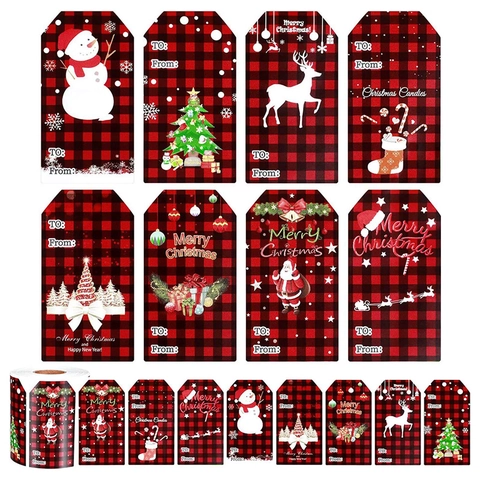 Étiquettes Cadeaux Merry Christmas Autocollants Buffalo Plaid Papier Kraft Rectangulaire To From Décoration de Noël