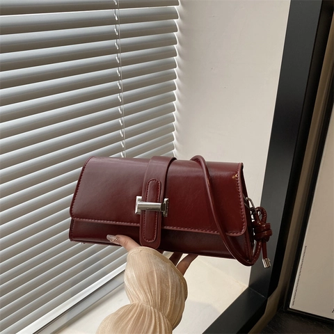 Bolso de Hombro de Axila de Cuero PU Brillante Retro Francés Para Mujer Color Sólido Hebilla de Plata Correa de Nudo Bolso de Mano Elegante