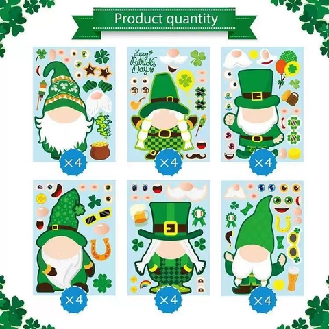 St Patrick Day DIY Αυτοκόλλητα Νάνος για Παιδιά Πάρτι Παιχνίδι Τριφύλλι Χρυσά Νομίσματα Ουράνιο Τόξο Φτιάξτε ένα Πρόσωπο Αυτοκόλλητα