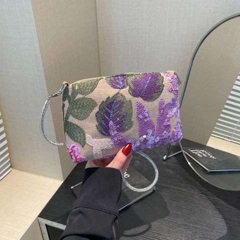 Sac à Épaule Vintage Pour Femme En Toile Avec Broderie Florale Et Paillettes Petite Pochette Avec Chaîne Argentée Pour Fête
