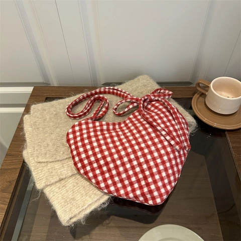 Sac à Épaule Plaid en Forme de Cœur Tissu en Laine Décor de Nœud Grand Capacité Sac à Main pour Femmes Quotidien Style Vintage