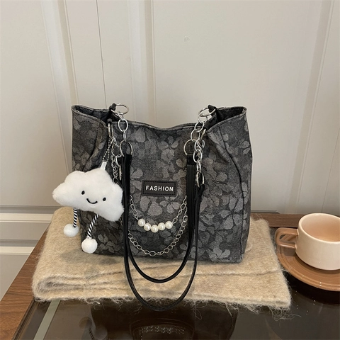 Women Floral Jacquard Tote Bag Large Capacity Shoulder Bag With Pearl Chain Decoration And Plush Cloud Charm Fashion Handbag