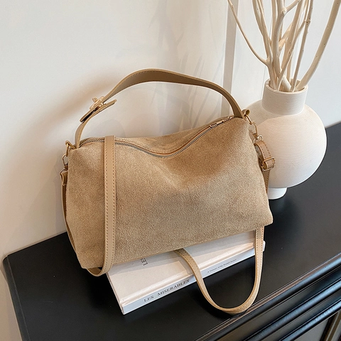 Retro Frosted PU Suede Textured Large Tote Bag For Women Minimalist Solid Color Underarm Shoulder Crossbody Bag With Stitching