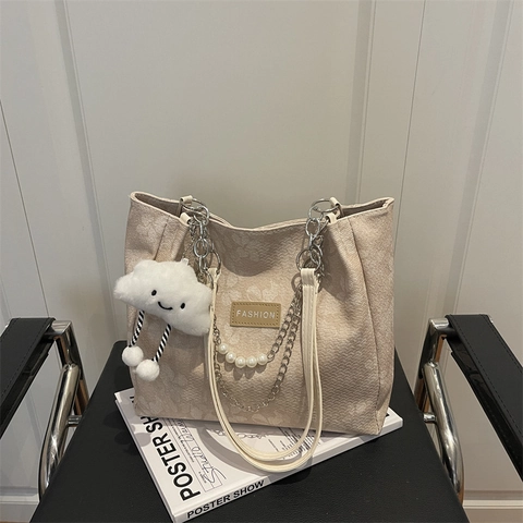 Women Floral Jacquard Tote Bag Large Capacity Shoulder Bag With Pearl Chain Decoration And Plush Cloud Charm Fashion Handbag