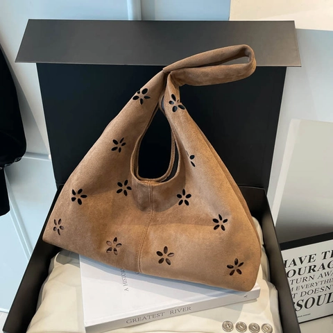 Borsa Tote Vintage in PU Effetto Scamosciato con Fiori Traforati Donna Grande Capacità Borsa da Sottobraccio e Pochette Interna