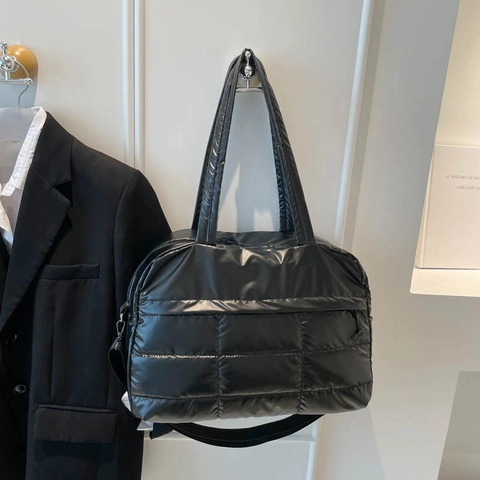Bolso de Hombro Acolchado para Mujer Gran Capacidad Brillo Metálico Bolso de Mano Ligero Tote Bag para Viajes Moda