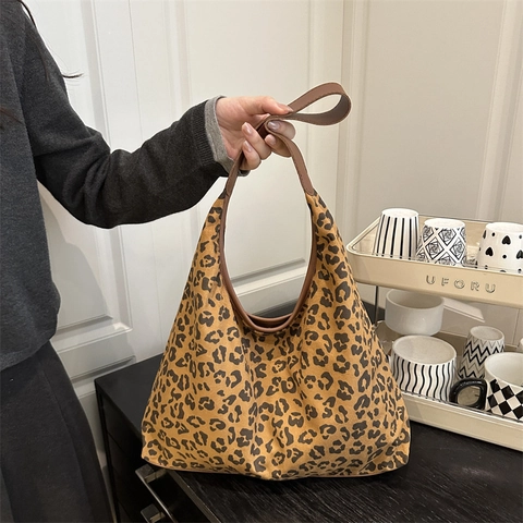 Bolso Tote de PU con Estampado de Leopardo Vintage Gran Capacidad Bolso de Hombro Hobo Para Mujer