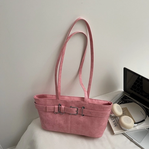 Retro Large Capacity PU Leather Tote Bag For Women Solid Color Underarm Shoulder Bag With Belt Buckle Decor Casual Commuter Handbag