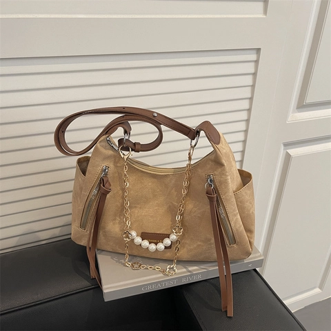 Bolso Tote Vintage para Mujer Retro Denim Lona Bolso de Hombro Con Cadena de Metal y Perlas Artificiales Moda Gran Capacidad Bolso Hobo