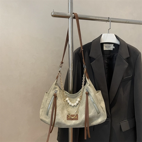 Bolso Tote Vintage para Mujer Retro Denim Lona Bolso de Hombro Con Cadena de Metal y Perlas Artificiales Moda Gran Capacidad Bolso Hobo