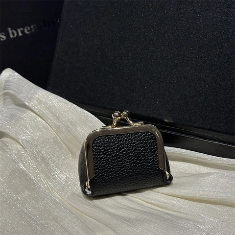Vintage Pebble Grain PU Leather Mini Coin Purse Gold Kiss-lock Closure Small Wallet Earphone Storage Bag For Women Jewelry Pouch