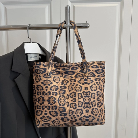 Borsa Tote da Donna in Finta Pelle Scamosciata con Stampa Leopardata Grande Capacità Stile Coreano Vintage Borsa a Tracolla per Pendolarismo Quotidiano