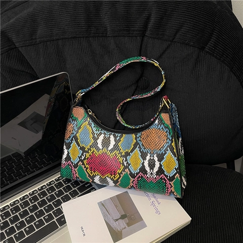 Damen Mehrfarbig Schlangenmuster Umhängetasche Retro PU Leder Baguette Tasche Casual Urban Minimalistisch Hobo Handtasche