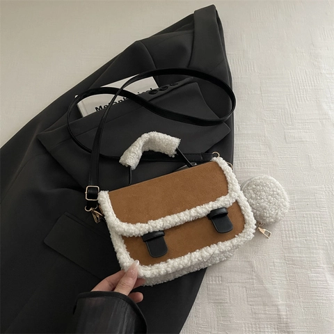Women Retro Suede Crossbody Bag With Lamb Wool Trim Autumn Winter Fashion Handheld Small Square Shoulder Bag With Coin Purse