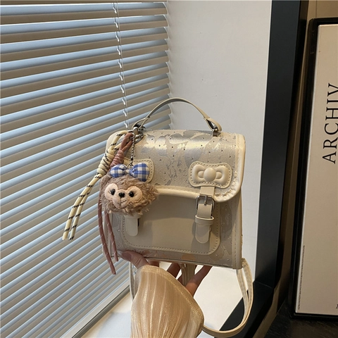 Zaino alla Moda in Pelle PU in Stile Preppy per Donna Dolce Fiocco Doppia Fibbia Pendolare Piccola Borsa a Mano Quadrata Tracolla Versatile