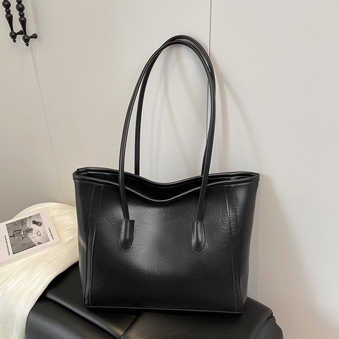 Vintage Large Capacity PU Leather Tote Bag For Women Retro Solid Color Shoulder Bag Urban Simple Commute Handbag