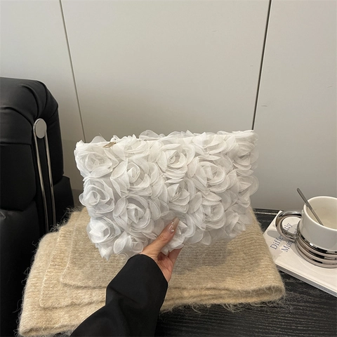 Damen Elegant 3D Blume Clutch Tasche Polyester Spitze Abendtasche Für Hochzeit Party Romantische Rose Handtasche Formelle