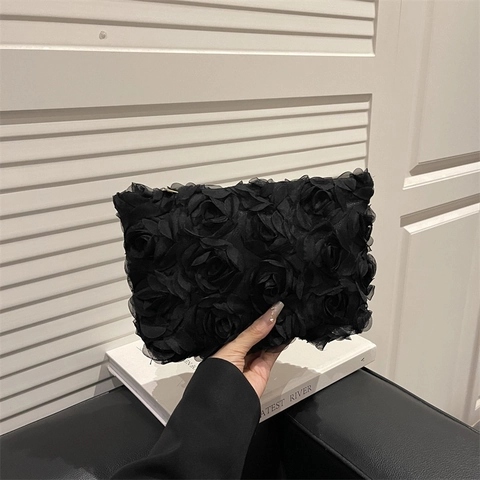 Women Three Dimensional Rose Flower Clutch Bag Elegant Evening Bag Soft Special Fabric Banquet Handbag For Wedding Party