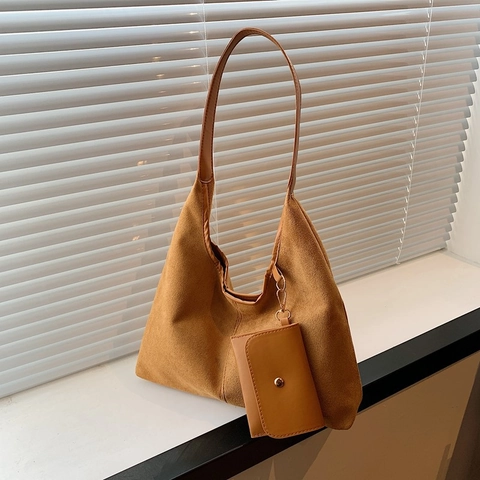 Borsa a Spalla Minimalista da Donna in Tessuto Scamosciato Grande Capacità Vintage Hobo Tote Con Piccola Borsa Coordinata Pendolare