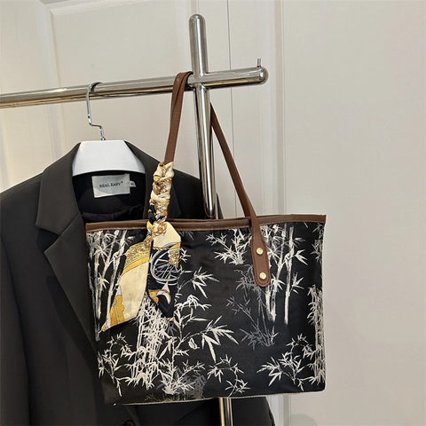 Neo-Chinese Style Bamboo Print Tote Bag For Women Large Capacity Canvas Shoulder Bag With Decorative Silk Scarf Handbag