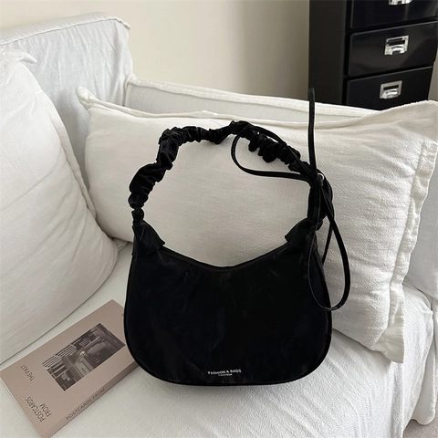 Elegant Pleated PU Leather Shoulder Bag For Women Solid Color Moon Hobo Underarm Bag With Ribbon Bow Knot Detail Fashion