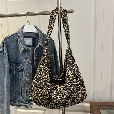 Borsa a Spalla da Donna in Tela con Stampa Leopardata Grande Capacità Hobo Tote per Pendolarismo Scuola Tracolla Regolabile