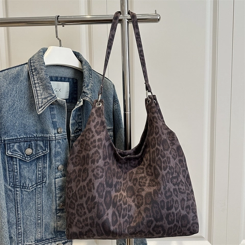 Vintage Luipaardprint Fluwelen Tote Tas Voor Vrouwen Grote Capaciteit Hobo Schoudertas Met Magneetsluiting Casual Handtas