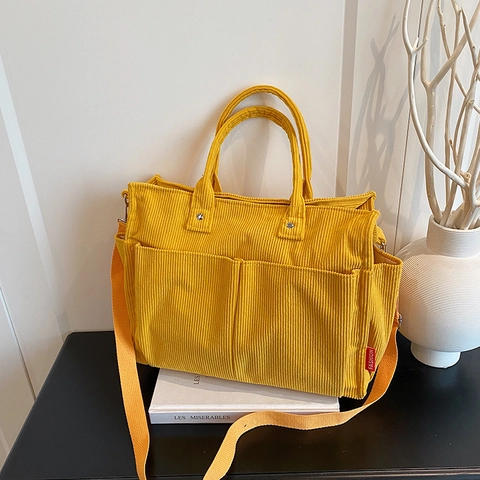 Bolso de Mano de Pana de Gran Capacidad con Múltiples Bolsillos Mujer Bolso de Hombro Cruzado Casual Vintage Color Sólido Uso Diario