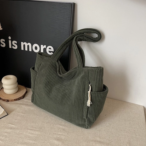 Bolso Tote de Pana para Mujer Gran Capacidad Retro Casual Bolso de Hombro a Rayas Con Bolsillos Laterales Color Sólido
