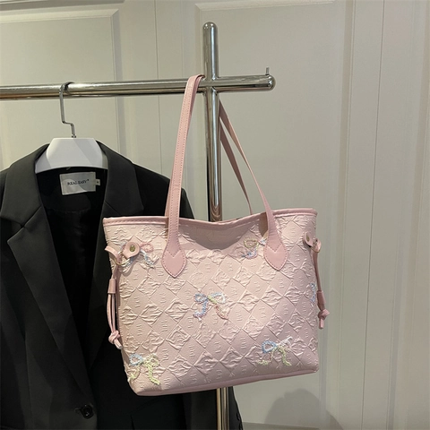Süße Gesteppte Damen-Einkaufstasche Mit Schleife Große Kapazität Geraffte Schultertasche Elegante Minimalistische Umhängetasche Für Die Schule