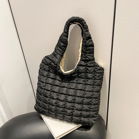 Women's Large Capacity Quilted Puffer Tote Bag Lightweight Padded Shoulder Bag Solid Color Casual Winter Handbag
