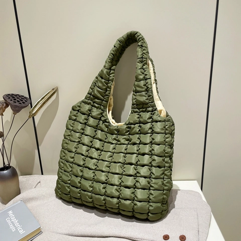 Women's Large Capacity Quilted Puffer Tote Bag Lightweight Padded Shoulder Bag Solid Color Casual Winter Handbag