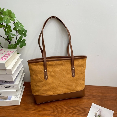 Bolso Tote Acolchado de Diamantes para Mujer Gran Capacidad Gamuza Sintética Cuero PU Costura de Contraste Bolso de Hombro