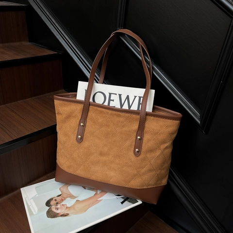 Bolso Tote Acolchado de Gran Capacidad Moda Color Contraste Cuero PU Bolso de Hombro Casual Aspecto Ante Mujer