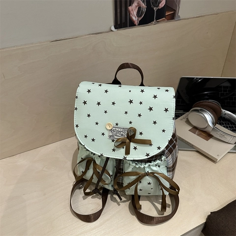 Zaino Retrò da Donna Verde Menta con Stampa a Stelle e Plaid Fiocco Stile Accademia in Tessuto Oxford Coulisse Piccola Borsa Casual