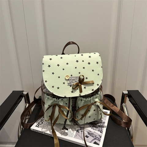Zaino Retrò da Donna Verde Menta con Stampa a Stelle e Plaid Fiocco Stile Accademia in Tessuto Oxford Coulisse Piccola Borsa Casual