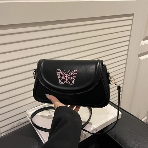 Damen Schmetterling Stickerei PU Leder Schultertasche Kleine Klappe Umhängetasche Mit Verstellbarem Riemen Für Den Alltag