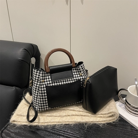 Vintage Hahnentritt Patchwork Damen Umhängetasche PU Leder Gewebe Handtasche Crossbody Tasche Holzgriff Stilvolle Tasche Geschenk