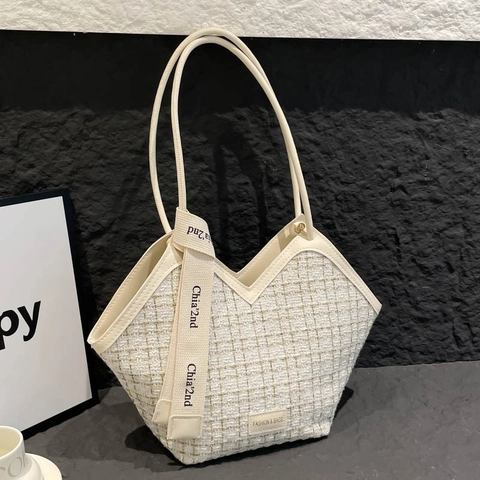 Bolso Tote de Tweed a Cuadros para Mujer Gran Capacidad Moda Vintage Apertura en V Bolso de Hombro Con Cinta Decorativa Diario