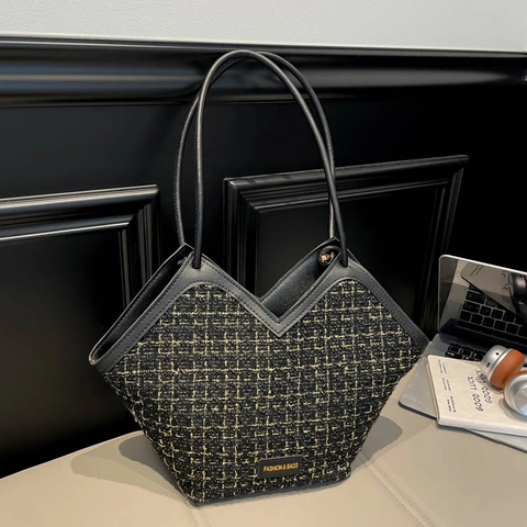 Bolso Tote de Tweed a Cuadros para Mujer Gran Capacidad Moda Vintage Apertura en V Bolso de Hombro Con Cinta Decorativa Diario