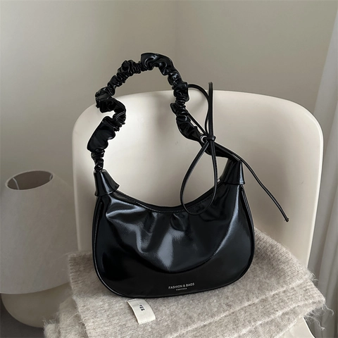 Vintage PU Leather Ruched Handle Hobo Bag For Women Dumpling Shoulder Underarm Bag Crescent Bag With Bow Detail Casual Solid