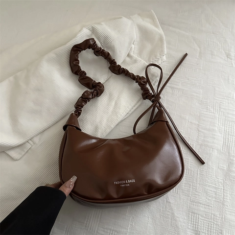 Vintage PU Leather Ruched Handle Hobo Bag For Women Dumpling Shoulder Underarm Bag Crescent Bag With Bow Detail Casual Solid