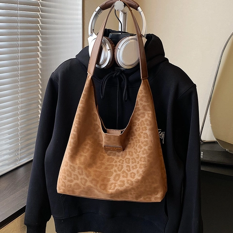 Sac Cabas Femme Imprimé Léopard Aspect Daim Sac Hobo Grande Capacité Avec Pochette Intérieure Ensemble Deux Pièces Sac Bureau