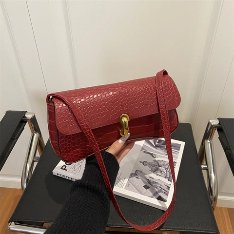 French Vintage Women Baguette Bag Crocodile Embossed PU Leather Underarm Shoulder Bag With Gold Lock Large Capacity Handbag