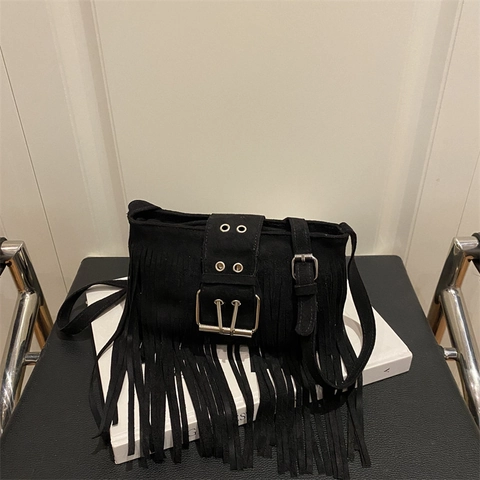 Vintage Suede Fringe Shoulder Bag For Women Bohemian Tassel Crossbody Bucket Bag Large Metal Buckle Retro Small Square Bag