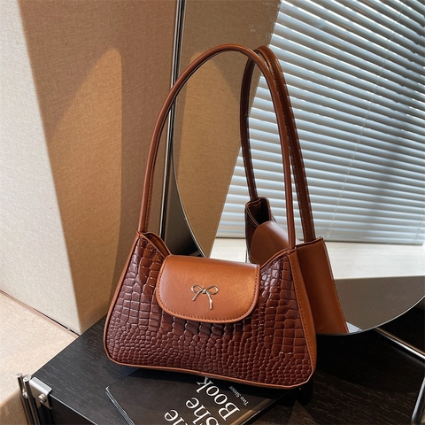 Bolso de Hombro Vintage Francés con Lazo y Patrón de Cocodrilo para Mujer Cuero PU Color Sólido Bolso de Axila Pequeño y Elegante