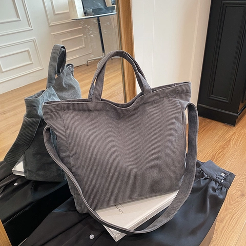 Bolso Tote de Pana de Gran Capacidad para Mujer Bolso de Hombro Vintage de Color Sólido para Conmutar Escuela Estudiante Invierno