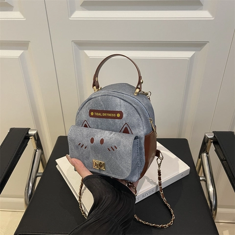 Mini Mochila con Orejas de Gato Lindas de Denim y Cuero PU Bolso de Hombro Pequeño para Mujeres Niñas Estilo Coreano Bolso Diario
